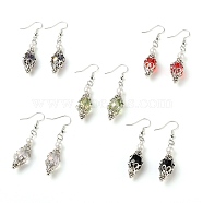 Glass Beads Dangle Earrings, Multi-Petal Filigree Iron Bead Caps, with Brass Earring Hooks, Platinum, Mixed Color, 56mm, Pin: 0.6mm(EJEW-JE02175)
