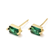 Green Cubic Zirconia Rectangle Stud Earrings, Brass Jewelry for Women, Cadmium Free & Nickel Free & Lead Free, Real 18K Gold Plated, 8x4mm, Pin: 0.7mm(X-EJEW-G297-19G)
