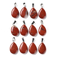 Teardrop Natural Red Jasper Pendants, with Platinum Tone Brass Findings, 25~29x16~17x5~6mm, Hole: 2x7mm(G-Q368-27)