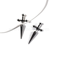 Alloy Rhinestone Stud Earrings for Women, Dagger Charm, Black, 50x18mm(PW-WG6ED30-02)