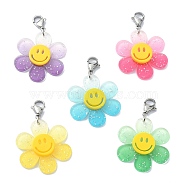 Sunflower with Smiling Face Acrylic Pendant Decorations, with 304 Stainless Steel Lobster Claw Clasps, Mixed Color, 42mm(HJEW-JM01141)