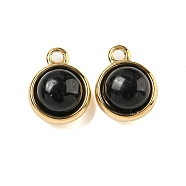 Natural Black Onyx(Dyed & Heated) Half Round Charms, Real 14L Gold Plated 304 Stainless Steel Charms, 13.5x10.5x7mm, Hole: 1.8mm(STAS-L080-009G-01)