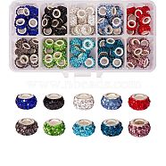 100Pcs 10 Colors Polymer Clay Rhinestone European Beads, Large Hole Beads, Rondelle, with Silver Color Plated Brass Cores, Mixed Color, 10~12x7~8mm, Hole: 5mm, Rhinestone: pp17((2.3~2.4mm), 10pcs/color(CPDL-SZ0001-01)