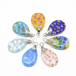 Handmade Millefiori Glass Pendants, with Brass Findings, Teardrop with Flower, Platinum, Mixed Color, 23~24x15~16x3~4mm, Hole: 3mm(X-LAMP-R139-08)