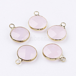 Golden Tone Brass Glass Flat Round Charms, Faceted, Lavender Blush, 18x14x5.5mm, Hole: 1.5mm(GLAA-M003-D-13G)