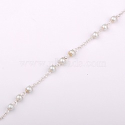 Handmade Round Glass Pearl Beads Chains for Necklaces Bracelets Making, with Iron Beads clasps, Iron Cable Chains and Iron Eye Pin, Unwelded, Silver Color Plated, White, 39.3 inch(AJEW-JB00056-01)
