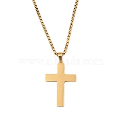 201 Stainless Steel Religion Pendant Box Chain Necklaces for Women, Cross, 23.62 inch(60cm), Pendant: 39x25x1.5mm(NJEW-U018-02G-02)