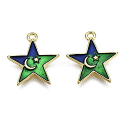 Alloy Enamel Pendants, Cadmium Free & Lead Free, Golden, Star with Moon & Star, Green, 19.5x18x2mm, Hole: 1.5mm(PALLOY-T075-71G-RS)