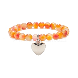 Two Tone Natural Jade Beaded Stretch Bracelet, Platinum Alloy Heart Charms Bracelet for Women, Inner Diameter: 2-1/2 inch(6.5cm)(BJEW-JB09176)