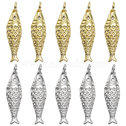 10Pcs 2 Colors Rack Plating Brass Pendants, Cadmium Free & Lead Free, Fish Charms, Long-Lasting Plated, with Jump Ring, Mixed Color, 25.5x7x4mm, Hole: 3.2mm, 5pcs/color(KK-ME0003-38)