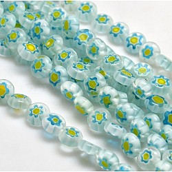 Handmade Millefiori Glass Flat Round Bead Strands, Single Flower Design, Light Cyan, 8x4mm, Hole: 1mm, about 53pcs/strand, 14.7 inch(X-LK-P011-18)