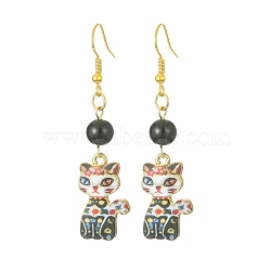 Rack Plating Alloy Cat Shape Dangle Earrings, with Acrylic Beaded, Colorful, 56x14.5mm(EJEW-JE05446-02)