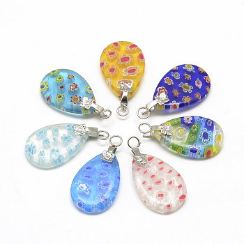 Handmade Millefiori Glass Pendants, with Brass Findings, Teardrop with Flower, Platinum, Mixed Color, 23~24x15~16x3~4mm, Hole: 3mm