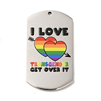 Pride 201 Stainless Steel Big Pendants, Oval Rectangle, Stainless Steel Color, Heart Pattern, 50x28x2mm, Hole: 1.8mm