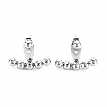 304 Stainless Steel Beaded Horizontal Bar Stud Earrings, Front Back Stud Earrings for Women, Stainless Steel Color, 17.5x24mm, Pin: 0.7mm