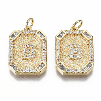 Brass Micro Pave Clear Cubic Zirconia Pendants, Nickel Free, Real 18K Gold Plated, Rounded Rectangle with Word, Letter.B, 19x14x2.5mm, Jump Ring: 5x0.7mm, 3mm inner diameter