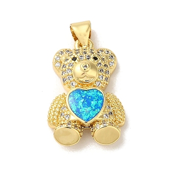 Rack Plating Brass Micro Pave Clear Cubic Zirconia Pendants, Heart Bear Charms with Synthetic Opal, Real 18K Gold Plated, Cadmium Free & Lead Free, Long-Lasting Plated, Deep Sky Blue, 22.5x14.5x6.5mm, Hole: 3.5x3mm