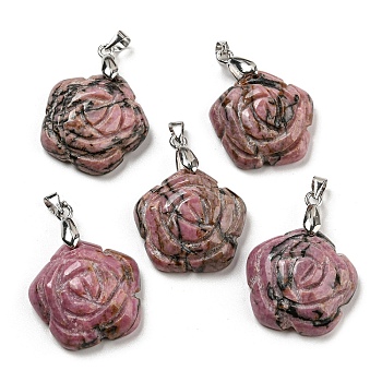Natural Rhodonite Carved Pendants, Flower Charms with Rack Plating Platinum Plated Brass Pinch Bails, 30x22.5x7.5mm, Hole: 4.5x4mm