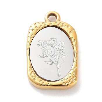 304 Stainless Steel Pendants, Rectangle with Twelve Zodiac Flower Charm, Golden & Stainless Steel Color, August Poppy, 23x14.5x3mm, Hole: 2mm