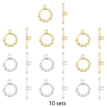 10 Bags 2 Colors Brass Toggle Clasps, Ring with Flower, Mixed Color, Ring: 13x11x2mm, Bar: 4.5x16x1.5mm, Hole: 1.2mm, 5bags/color