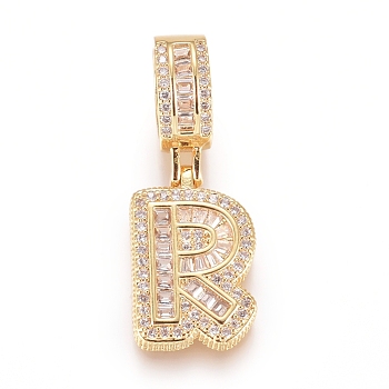 Brass Micro Pave Cubic Zirconia Pendants, Letter, Clear, Golden, Letter.R, 19x12.5x3.5mm, Hole: 6.5x9mm