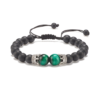 Natural Frosted Black Agate(Dyed) & Tiger Eye Braided Bead Bracelet with Alloy Crown, Gemstone Jewelry for Women, Dark Cyan, Inner Diameter: 2-1/4~3-3/4 inch(5.6cm)