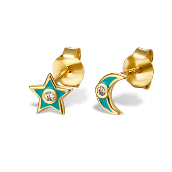 925 Sterling Silver Star Moon Stud Earrings, Left and Right, with Cubic Zirconia, Golden, Green, 6x4mm