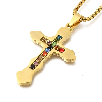 304 Stainless Steel Colorful Cubic Zirconia Cross Pendant Box Chain Necklaces, Real 18K Gold Plated, 23.43 inch(59.5cm)