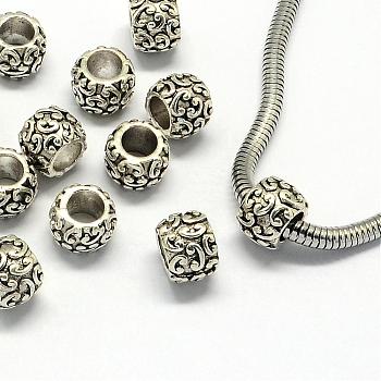 Alloy European Beads, Large Hole Beads, Rondelle, Antique Silver, 9.5x7mm, Hole: 5mm