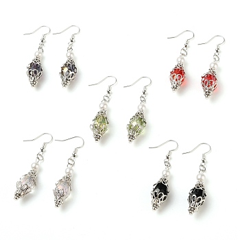 Glass Beads Dangle Earrings, Multi-Petal Filigree Iron Bead Caps, with Brass Earring Hooks, Platinum, Mixed Color, 56mm, Pin: 0.6mm
