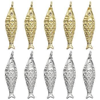 10Pcs 2 Colors Rack Plating Brass Pendants, Cadmium Free & Lead Free, Fish Charms, Long-Lasting Plated, with Jump Ring, Mixed Color, 25.5x7x4mm, Hole: 3.2mm, 5pcs/color