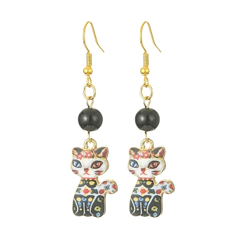 Rack Plating Alloy Cat Shape Dangle Earrings, with Acrylic Beaded, Colorful, 56x14.5mm