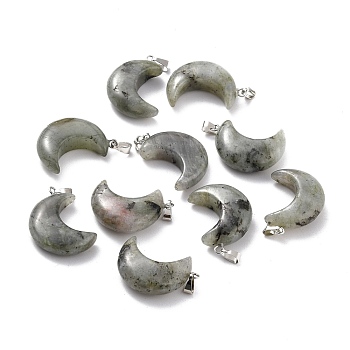 Natural Labradorite Pendants, with Platinum Brass Loops, Moon, 29x18~21x7~10mm, Hole: 6x3mm