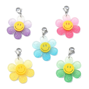 Sunflower with Smiling Face Acrylic Pendant Decorations, with 304 Stainless Steel Lobster Claw Clasps, Mixed Color, 42mm