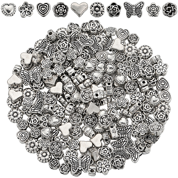 200Pcs 10 Styles Tibetan Style Alloy Beads, Flower & Butterfly/Heart, Antique Silver, 5~7x6~10.5x3~4mm, Hole: 1~1.6mm, 20pcs/style