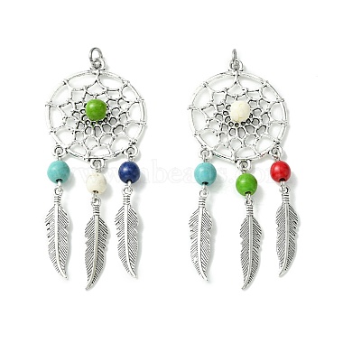Antique Silver Mixed Color Feather Synthetic Turquoise Big Pendants