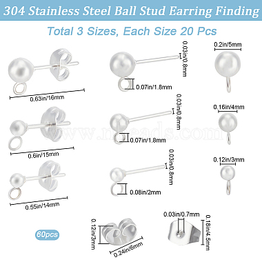 60Pcs 3 Style 304 Stainless Steel Ball Stud Earring Post(STAS-BBC0004-21)-2