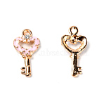 Zinc Alloy Enamel Pendants, with Rhinestone, Heart Key, Light Gold, Pink, 23x11x4mm, Hole: 2mm(ENAM-TAC0014-01A)