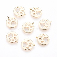 Brass Charms, Flat Round with Dog Paw Prints, Nickel Free, Real 18K Gold Plated, 14x12x1mm, Hole: 1mm(X-KK-T025-28G)