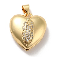 Rack Plating Brass Micro Pave Clear Cubic Zirconia Locket Pendants, Cadmium Free & Lead Free, Long-Lasting Plated, Heart with Saint, Real 18K Gold Plated, 20x18.5x7.5mm, Hole: 4x3.5mm, Inner Diameter: 14x14.5mm(KK-M227-09G)