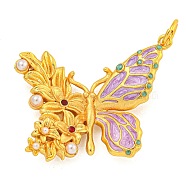 Rack Plating Brass Enamel Pendants, with ABS Imitation Pearl and Jump Ring, Cadmium Free & Lead Free, Real 18K Gold Plated, Long-Lasting Plated, Butterfly Charm, Medium Orchid, 24x33x5mm, Hole: 5mm(KK-Z054-4G-02)