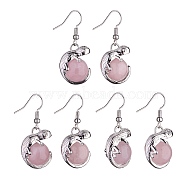 Natural Rose Quartz Chameleon Dangle Earrings with Crystal Rhinestone, Platinum Brass Jewelry for Women, 39mm, Pin: 0.7mm(EJEW-A092-10P-18)
