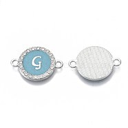 Alloy Enamel Links Connectors, with Crystal Rhinestones, Flat Round with Letter, Silver Color Plated, Letter.G, 22x16x2mm, Hole: 1.8mm(ENAM-TAC0003-01S-06G)