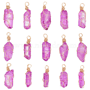 15Pcs Dyed Natural Quartz Crystal Pendants, Light Gold Plated Copper Wire Wrapped Nuggets Charms, 30~35x4~8x4~7mm, Hole: 3.8mm(PALLOY-AB00129)