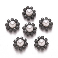 Glass Seed Beads Charms, with ABS Plastic Imitation Pearl and Golden Tone Brass Findings, Flower, Slate Gray, 10x5mm(FIND-R086-05F)