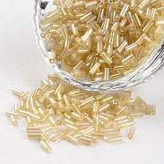 Tube Transparent Colours Rainbow Plated Glass Bugle Beads, Wheat, 3~5x1.8~2mm, Hole: 0.8mm, about 1200pcs/50g(X-SEED-I001-162)