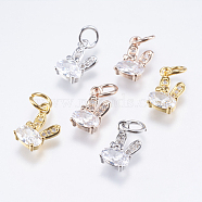 Brass Micro Pave Cubic Zirconia Bunny Charms, Cadmium Free & Lead Free, Rabbit, Mixed Color, 12x6x2.5mm, Hole: 3mm(RB-I077-19-RS)