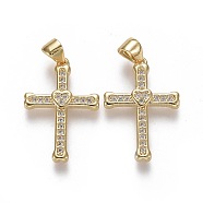 Brass Micro Pave Cubic Zirconia Pendants, Cross with Heart, Clear, Real 18K Gold Plated, 23x15.5x2.5mm, Hole: 4.5x5.5mm(X-ZIRC-F115-04G)