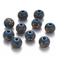 Painted Natural Wood Beads, Laser Engraved Pattern, Round with Flower Pattern, Steel Blue, 10x9mm, Hole: 3mm(WOOD-N006-03A-07)