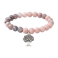 8mm Round Natural Zebra Jasper Beaded Stretch Bracelets, Tree of Life Tibetan Style Alloy Charms Bracelets for Women, Inner Diameter: 2-5/8 inch(6.6cm)(BJEW-JB10434)